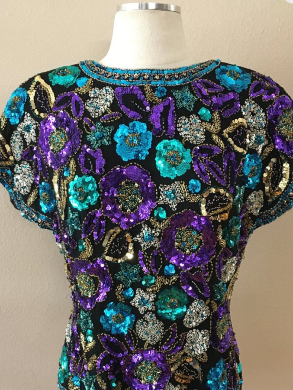 Vintage Black Tie by Oleg Cassini Sequin Beaded Florals and Stars Top Purple